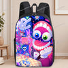 A purple and blue anime printed capacity backpack featuring colorful characters and stars.