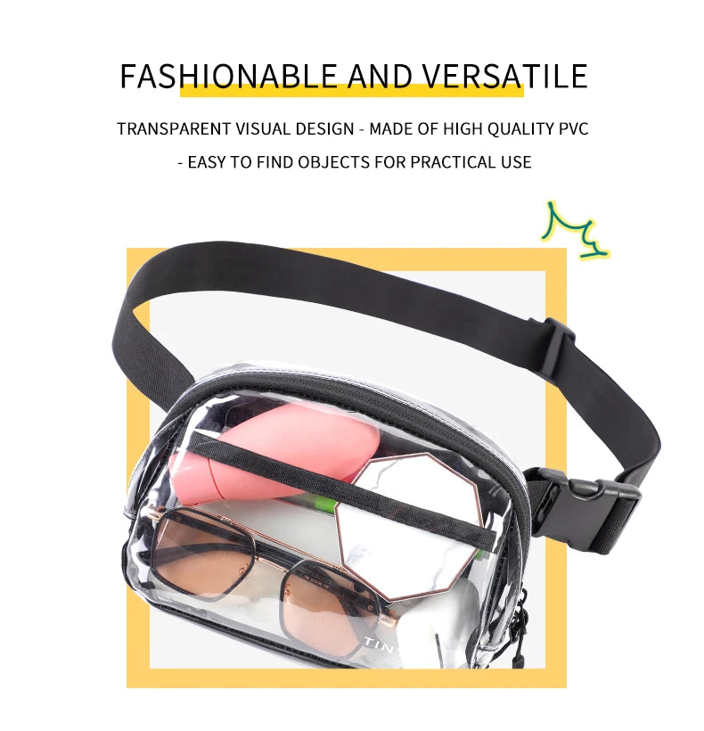 A clear PVC waist bag with an adjustable black strap, holding sunglasses and a pink object.
