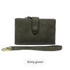A dark olive green women's multi-slot frosted card wallet with a leather strap.