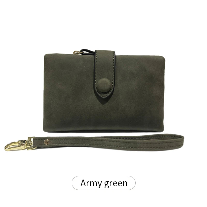 A dark olive green women's multi-slot frosted card wallet with a leather strap.