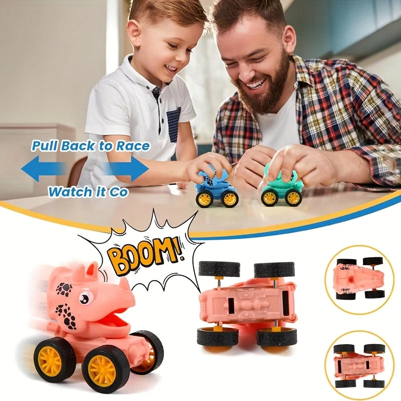 Two men and a boy are playing with mini pull-back dinosaur cars, demonstrating the toy's action.