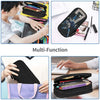 A multi-function black leather pencil case shown in various uses, including for school and office supplies.