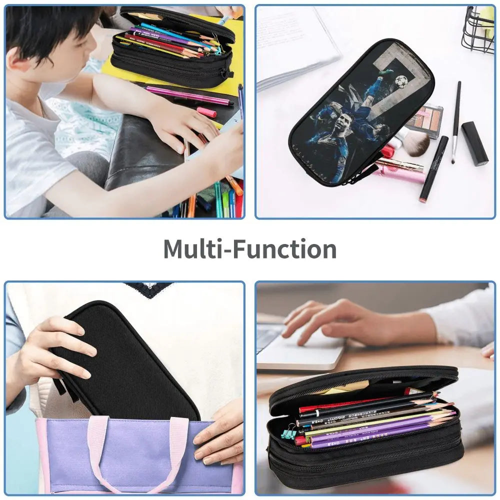 A multi-function black leather pencil case shown in various uses, including for school and office supplies.