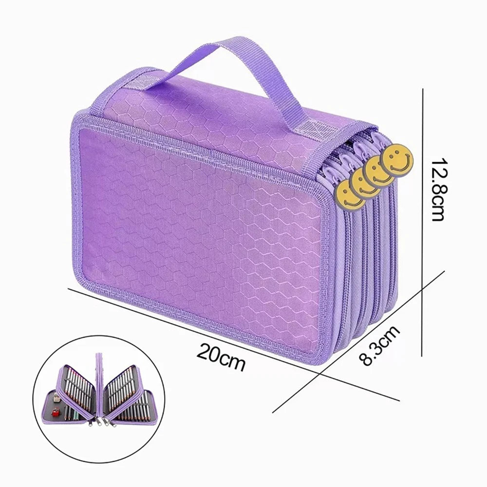 Purple large capacity pencil case with dividers shown from the top and side.