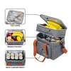 Insulated double-deck lunch bag showing compartments for food and utensils.