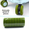 A set of eight avocado green travel luggage wheel protectors, showing individual wheels and a rolled bundle.