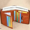 A brown genuine leather wallet showing various card slots including transparent slots, SIM cards, and cash slots.