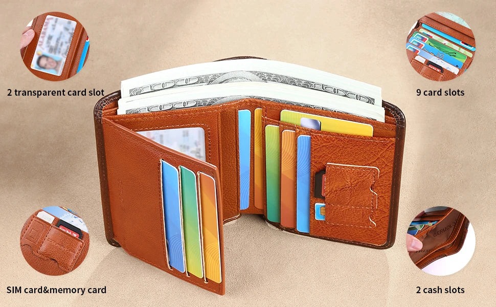 A brown genuine leather wallet showing various card slots including transparent slots, SIM cards, and cash slots.
