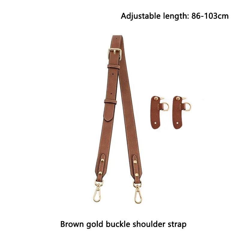 Brown gold buckle shoulder strap with adjustable length from 86 to 103 cm