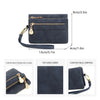 Cartera de cuero PU azul oscuro con cierre plegable retro, mostrando dimensiones y características.