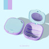 A light purple denture storage box with a mirror and drainage feature is shown open and closed.