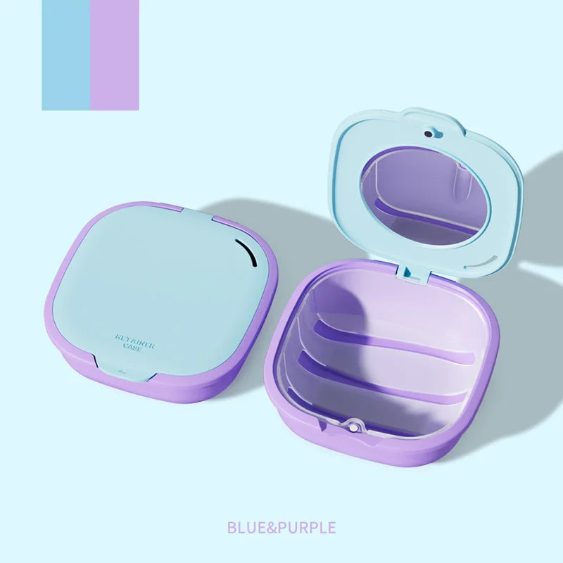 A light purple denture storage box with a mirror and drainage feature is shown open and closed.