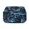 A stylish sports laptop backpack featuring a dark background with bright blue and gray graphic designs.