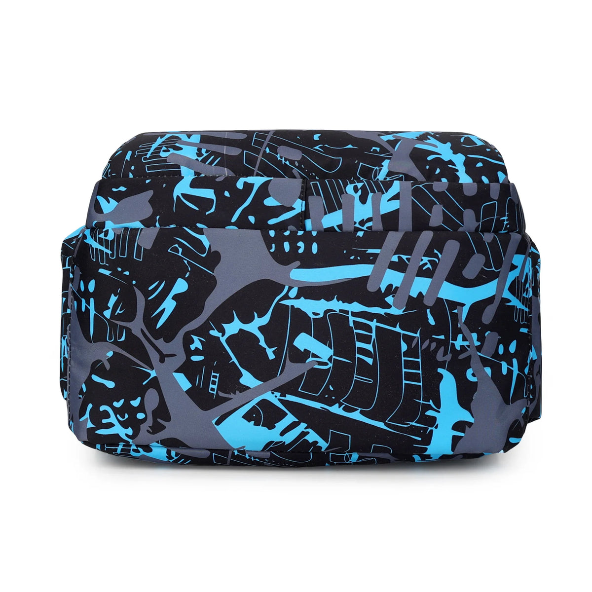 A stylish sports laptop backpack featuring a dark background with bright blue and gray graphic designs.