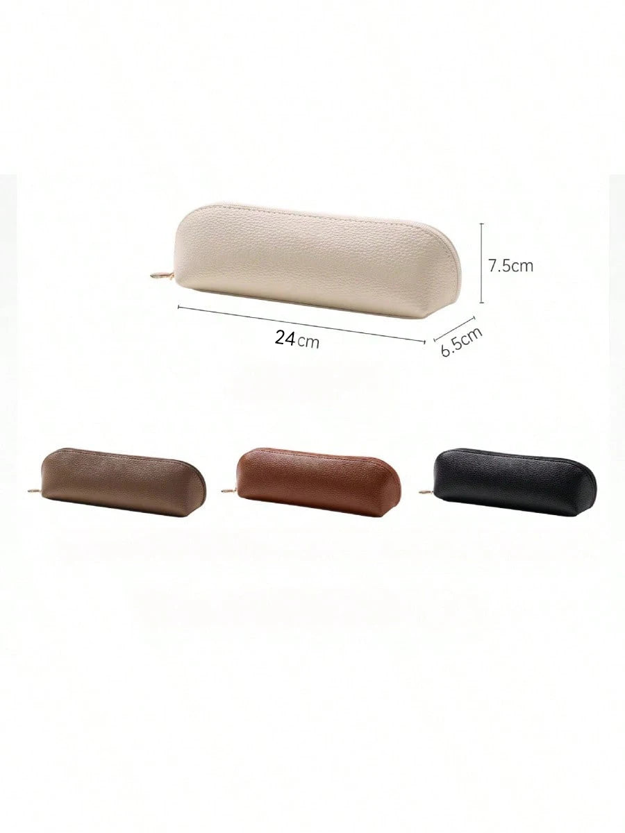 A set of three large capacity multifunctional makeup and pencil pouches in beige, brown, and black.