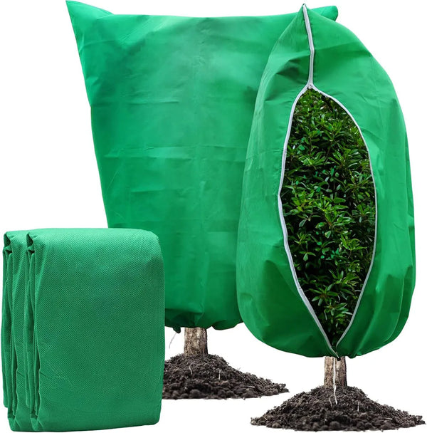 Green plant protection cover with zipper and drawstring for frost, snow, and wind protection