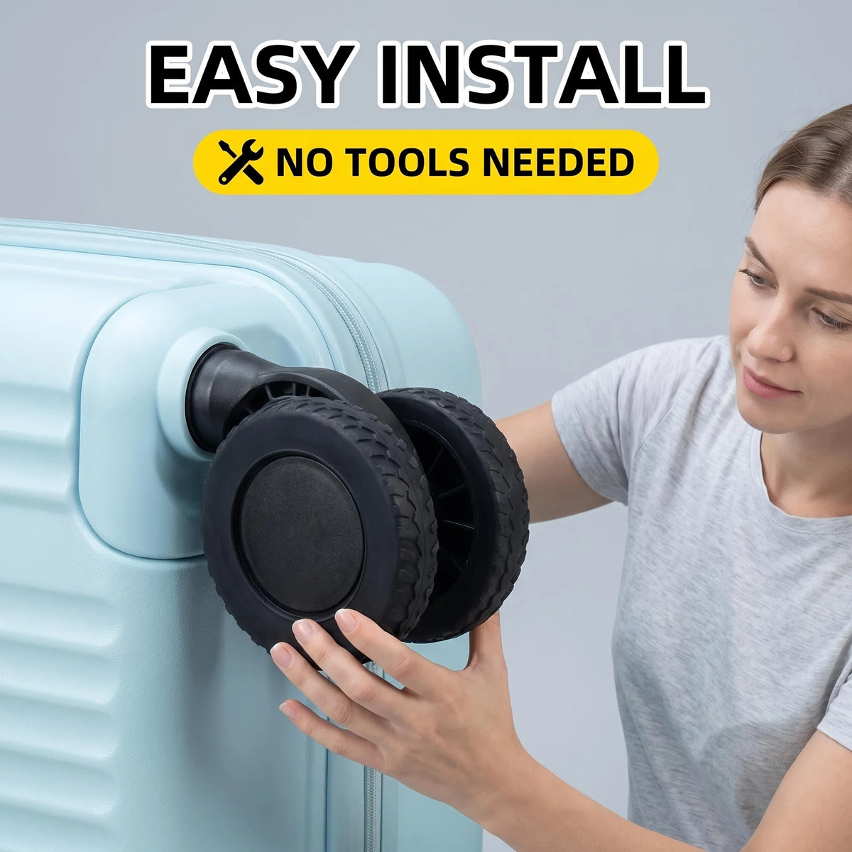 A woman easily installs a set of black wheel protectors onto the handle of light blue travel luggage.