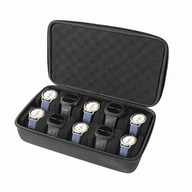 A black multi-slot travel watch organizer case with a soft lining and open lid displaying several watches.
