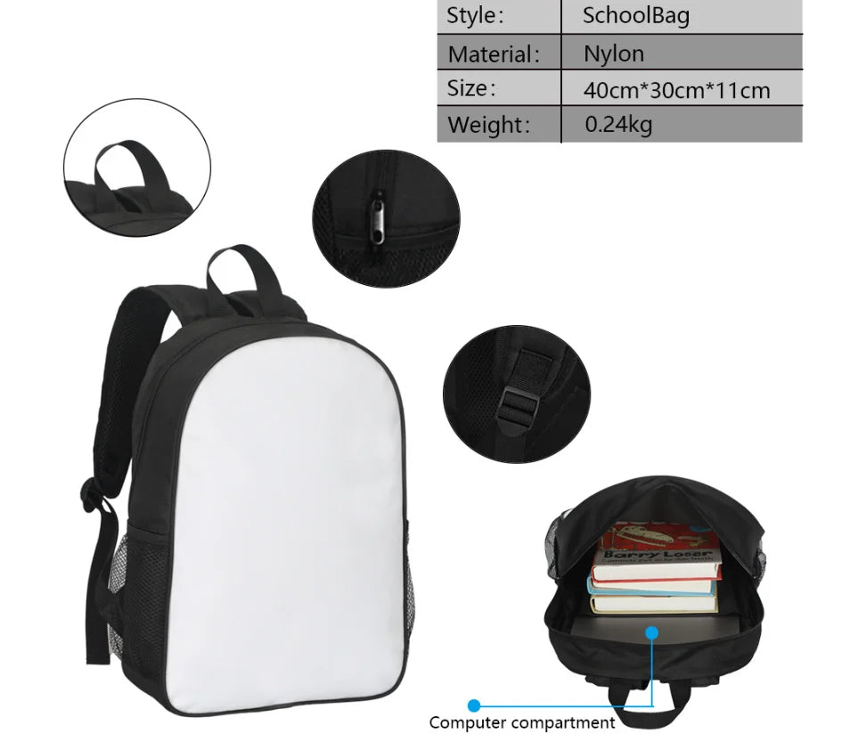 A black and white nylon school bag with a computer compartment visible.
