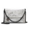 Silver metallic vintage flap crossbody bag with black chain strap