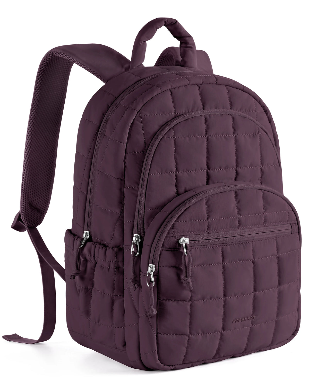 A deep purple quilted laptop backpack with a padded shoulder strap.