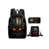 A black backpack and two matching mechanical robot-themed phone cases are displayed.