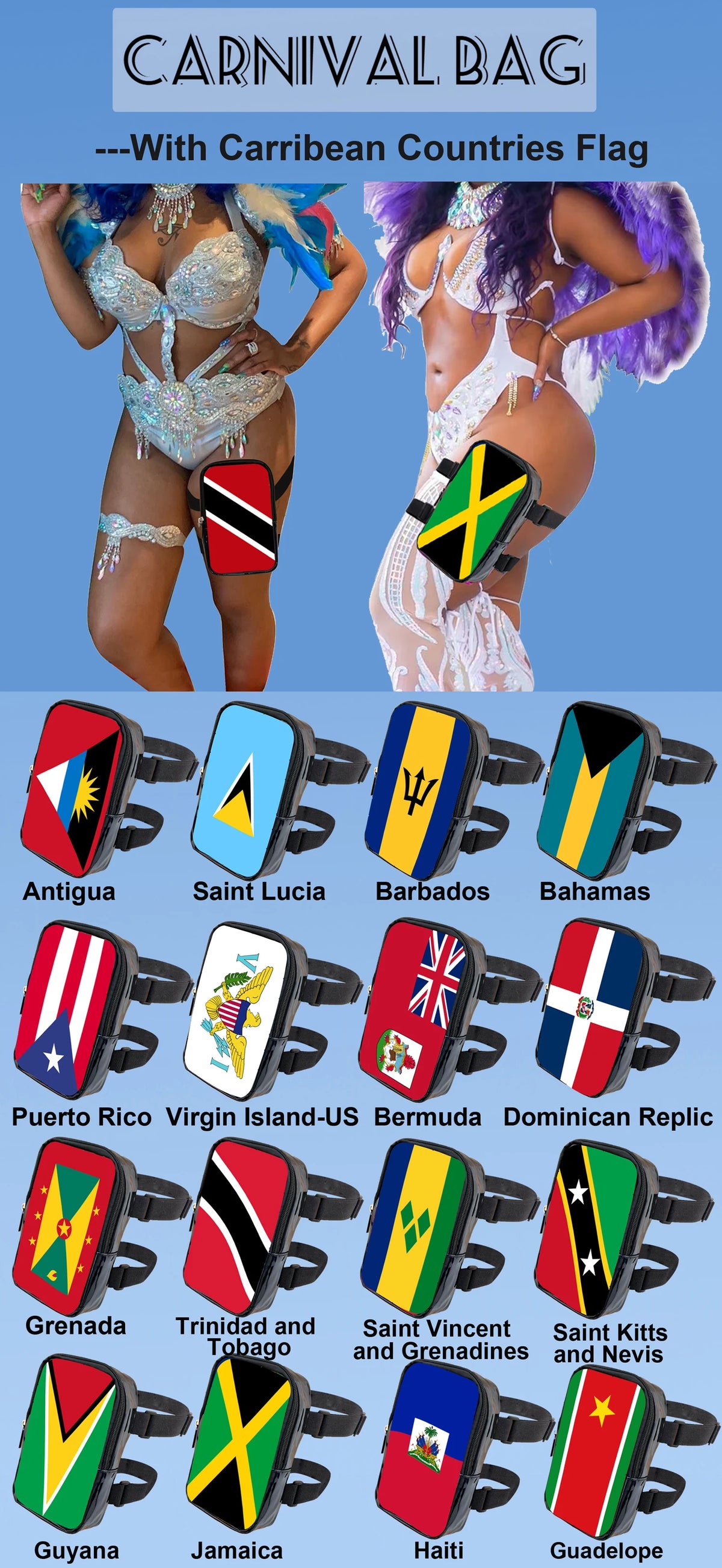 A collection of Caribbean countries flags displayed on black wristbands for a Carnival bag.
