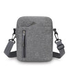A gray lightweight nylon crossbody shoulder bag with a zippered front and adjustable strap.
