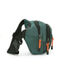 A dark green multifunctional anti-theft waist pack with black straps and orange toggles.