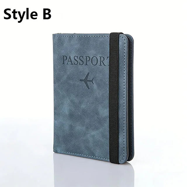 A dark blue passport holder with a black trim and an airplane icon embossed on the cover.