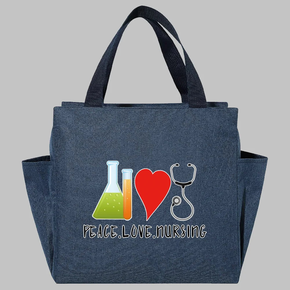 Bolsa de almuerzo de lona azul oscuro con diseño de corazón rojo y estetoscopio con el texto Peace Love Nursing