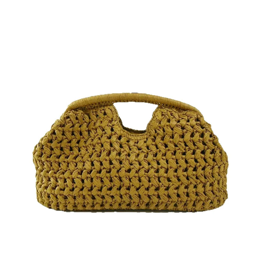 Pochette tissée en fibre naturelle de couleur jaune moutarde.