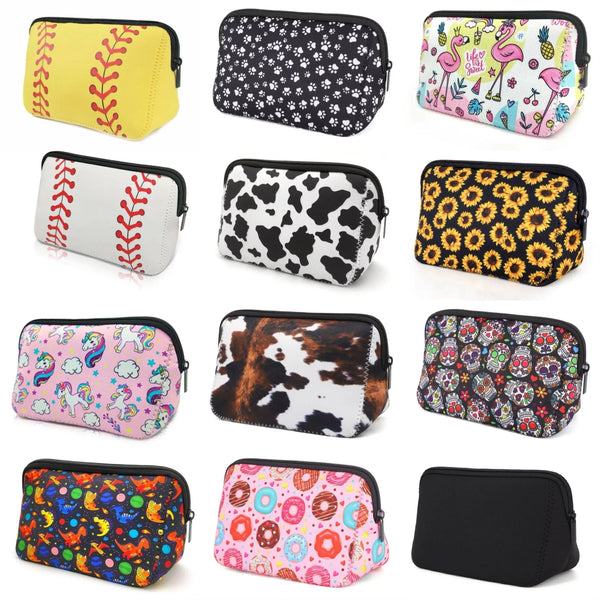 A collection of colorful and patterned portable cosmetic organizer bags in various designs.