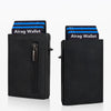 A black minimalist magnetic wallet holding several cards, including an Airag Wallet.