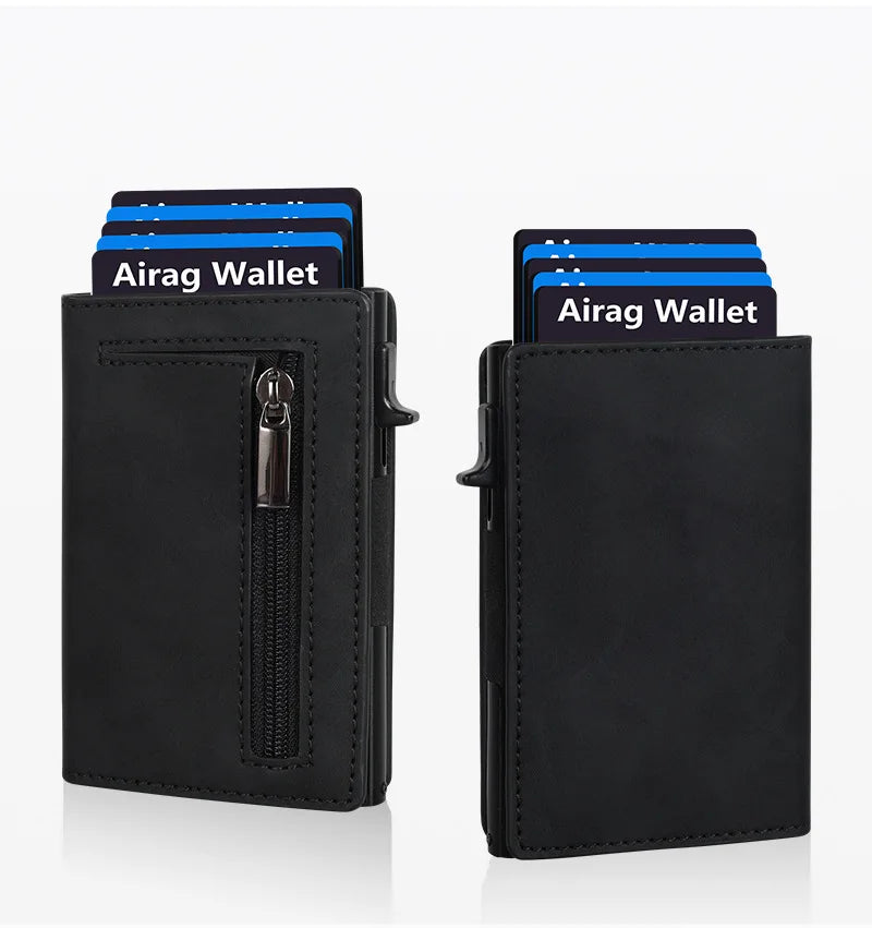 A black minimalist magnetic wallet holding several cards, including an Airag Wallet.