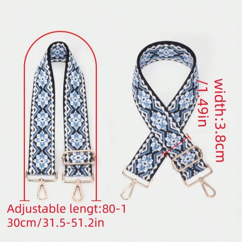 Blue and black patterned replacement bag strap with adjustable length and metal clasps