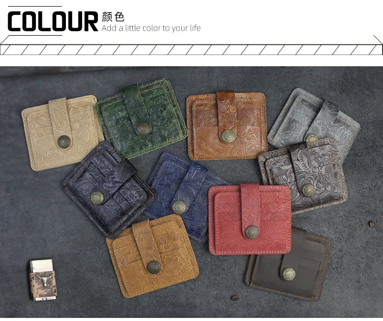 A collection of genuine leather card wallets in various colors and textures laid out on a dark surface.