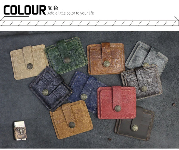 A collection of genuine leather card wallets in various colors and textures laid out on a dark surface.