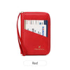 A red RFID-blocking passport wallet with a zipper closure showing various identification cards inside.