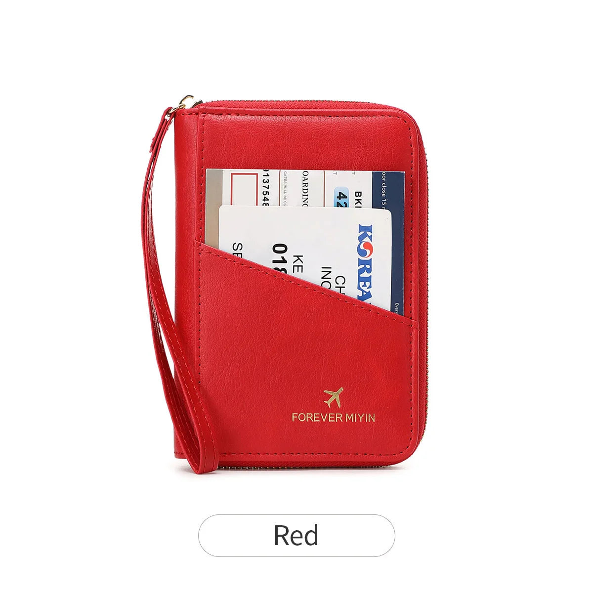 A red RFID-blocking passport wallet with a zipper closure showing various identification cards inside.