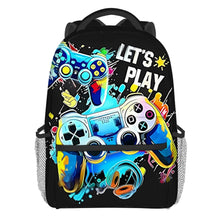 A black backpack featuring a colorful cartoon game controller design with the text LET'S PLAY