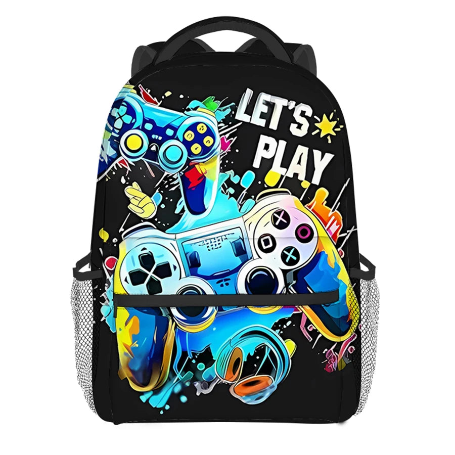 A black backpack featuring a colorful cartoon game controller design with the text LET'S PLAY
