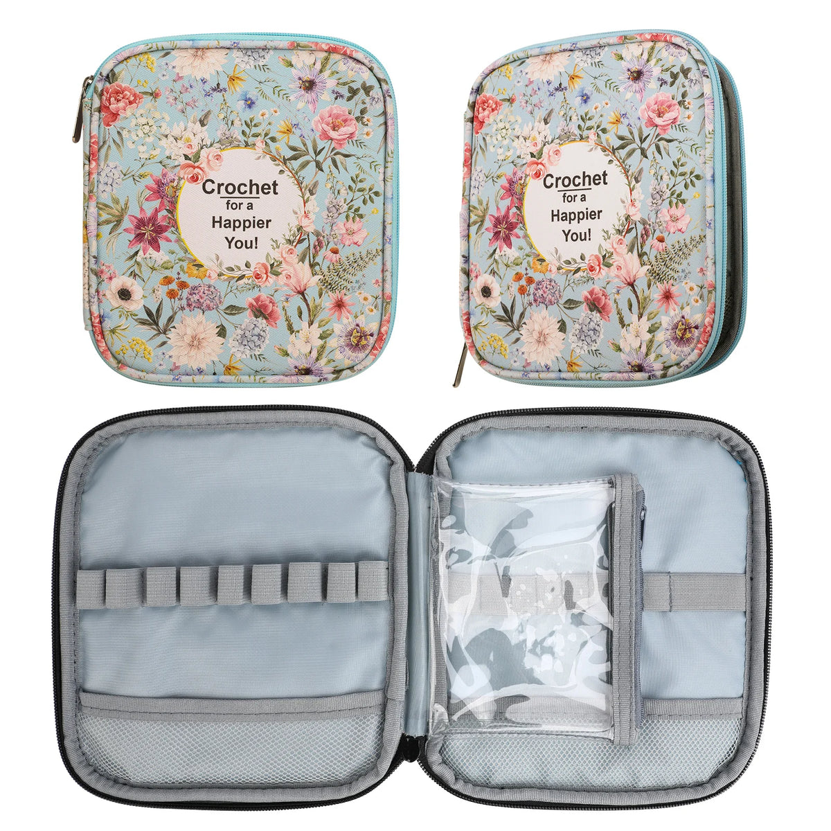 Light green crochet hook and sewing accessories storage bag with floral pattern