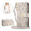A light beige zippered leather crossbody phone wallet case for an iPhone, shown with a detail view.