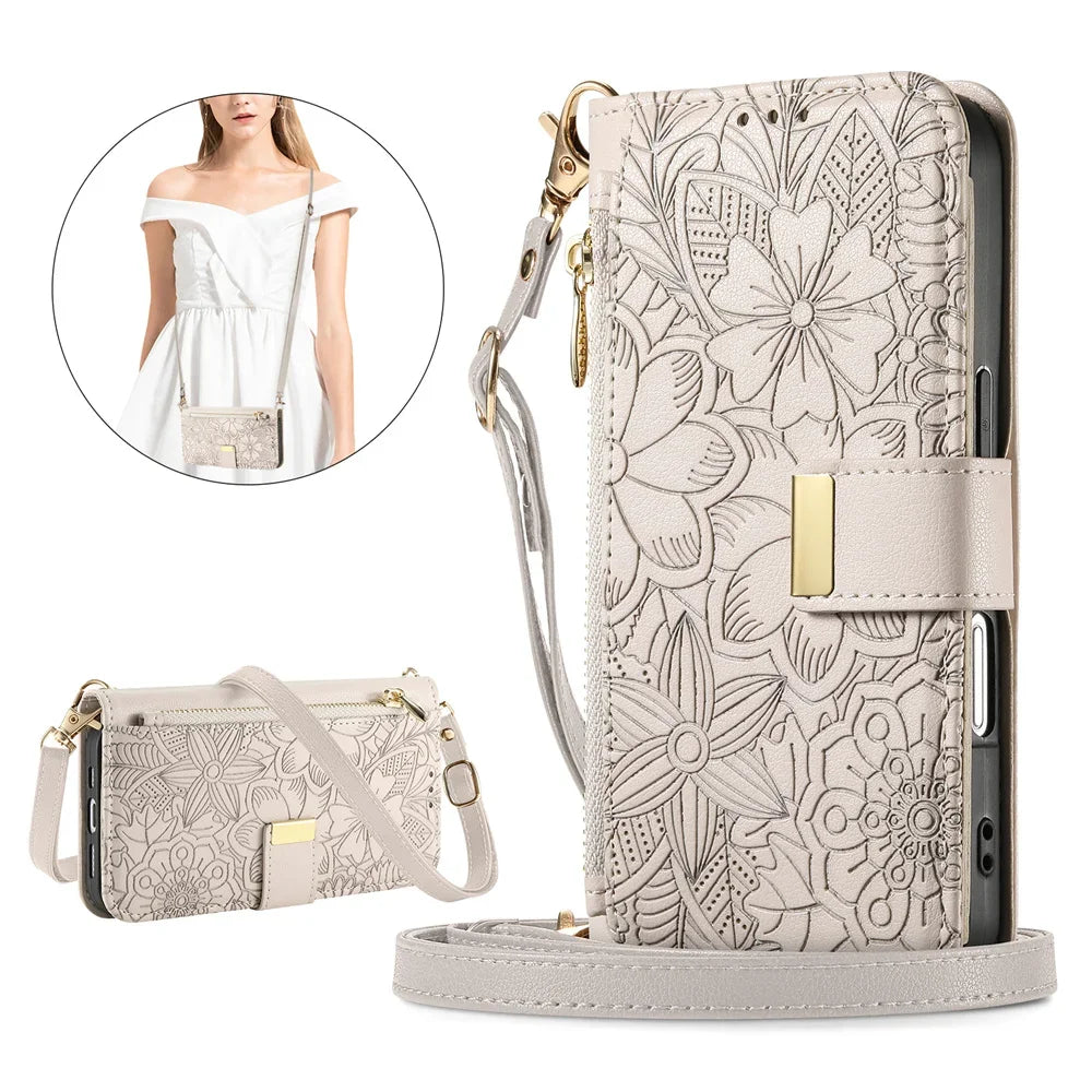 A light beige zippered leather crossbody phone wallet case for an iPhone, shown with a detail view.