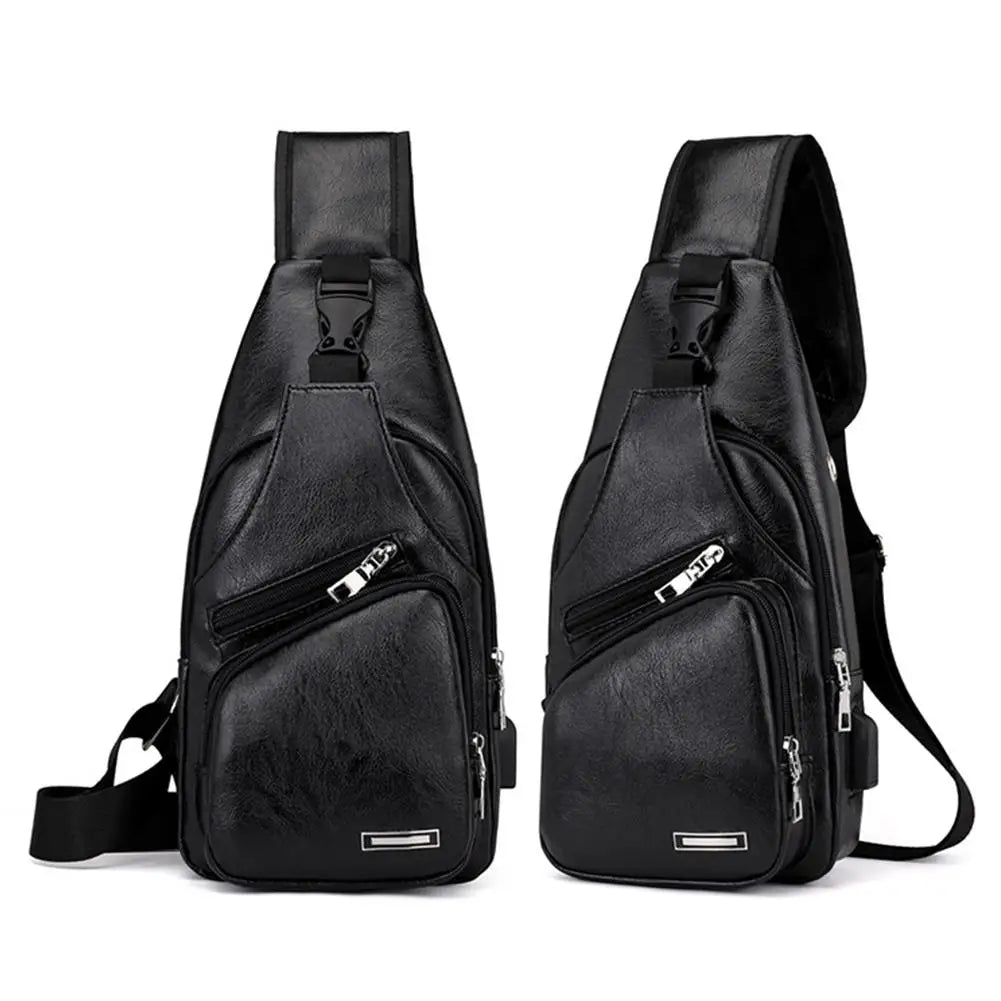 Schwarze Herren-Leder-Crossbody-Tasche mit Reißverschluss, hinten gezeigt