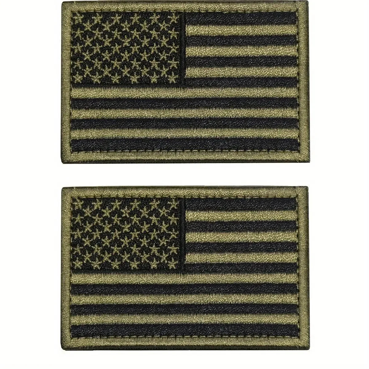 Two embroidered patches featuring the American flag design with gold and black stripes.