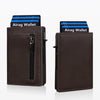 A dark brown minimalist magnetic wallet holding several cards and a wallet.