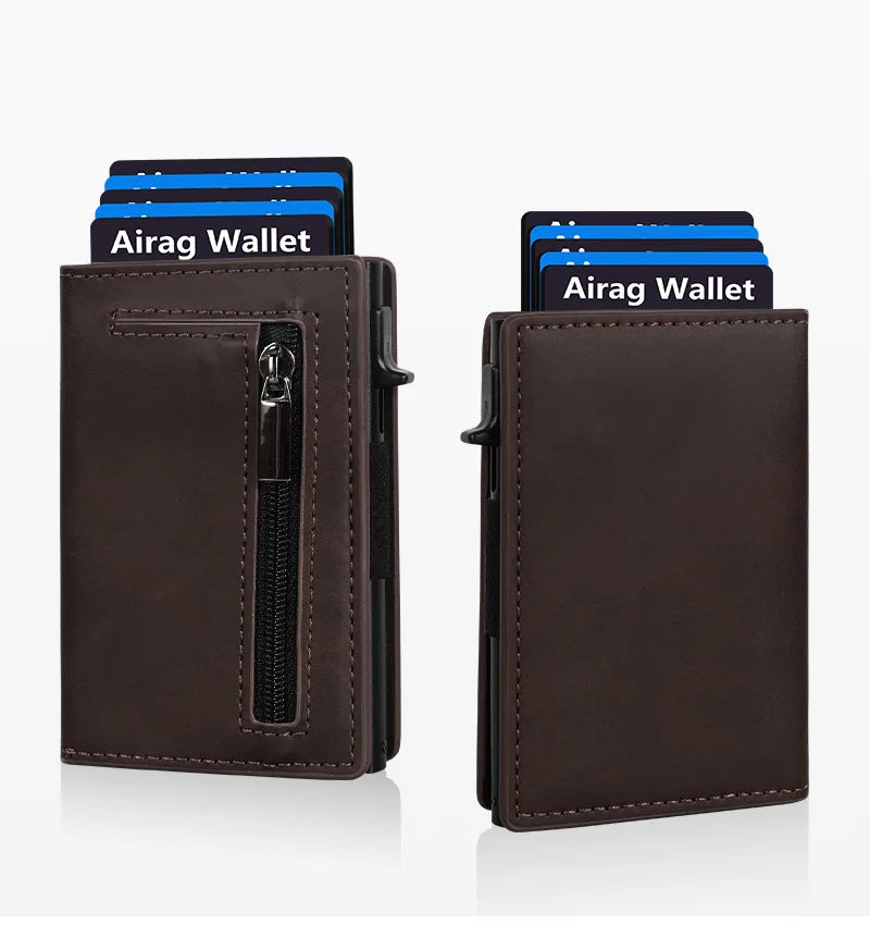 A dark brown minimalist magnetic wallet holding several cards and a wallet.