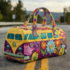 A vintage sunflower quilted duffle bag featuring purple and yellow fabric with peace signs and floral designs.
